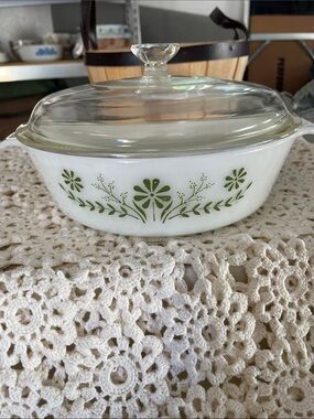 Vintage White Glasbake Casserole Dish with Green Floral Pattern and Clear Lid